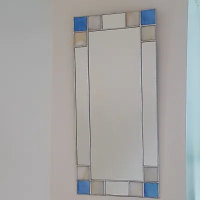 Small Art Deco wall mirror in blue and cream stained glass