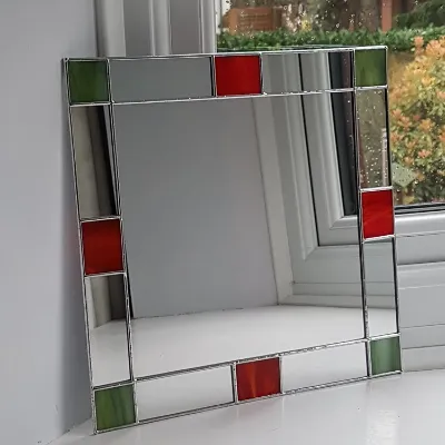 Small Rectangular Art Deco Mirror with red and green stained glass