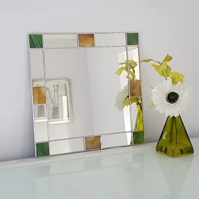 Small square Art Deco wall mirror green/brown stained glass