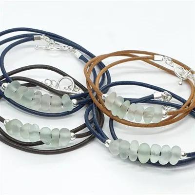 Triple-wrap leather & sea glass bracelet