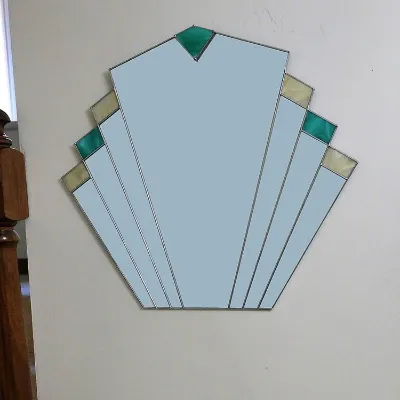 Vintage 1930s style fan mirror with teal and amber stained glass