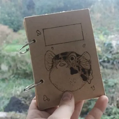 Wooden Pyrographed Pufferfish Notebook