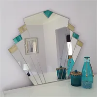 1930's Art Deco fan mirror in teal and amber stained glass