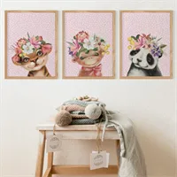 3pce Floral Pink Animals Nursery Prints