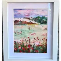A print of my poppy landscape painting framed