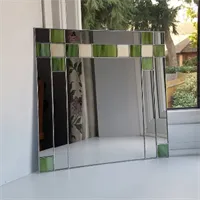 Art Deco 1930s Style Wall Mirror with Green/Cream Stained Glass