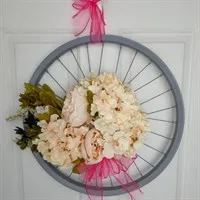 Champagne Hydrangea Bike Wheel Wreath