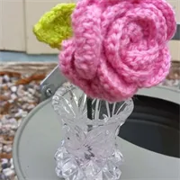 Crochet Dusky Pink Rose Lime Green Leaf