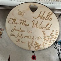 Engraved wooden Baby announcement, Hello 3