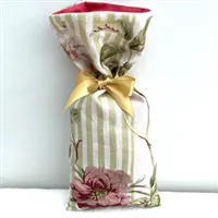 Gift Bag Embroidered Roses Striped Linen