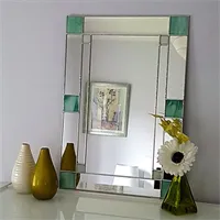 Rectangular Art Deco green/cream stained glass mirror