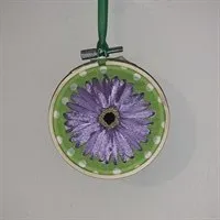 Ribbon Embroidery Gerbera on wooden hoop Violet Gerbera on Grass Green Cotton