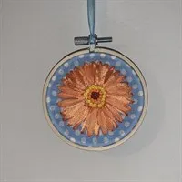 Ribbon Embroidery Gerbera on wooden hoop Orange Gerbera on Baby blue Cotton
