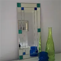 Small Art Deco Rctangular Mirror with Teal and Blue Stained glass