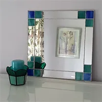 Small Art Deco stained glass mirror with teal and blue stained glass
