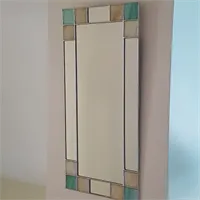 Small rectangular Art Deco wall mirror in green and cream stained glass