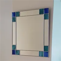 Small teal and blue Art Deco stained glass mirror