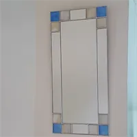 Small Art Deco wall mirror in blue and cream stained glass