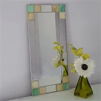 Small Art Deco rectangular mirror in green/cream stained glass