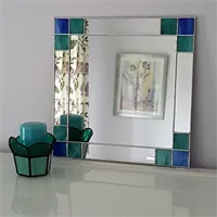 Small Art Deco square mirror with teal and blue stained glass