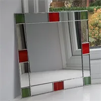 Small Rectangular Art Deco Mirror with red and green stained glass gallery shot 10