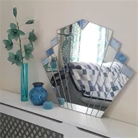 Vintage 193os style fan mirror with duck egg blue and grey stained glass