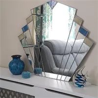 Vintage 1930s style fan mirror with duck egg blue and cream stained glass
